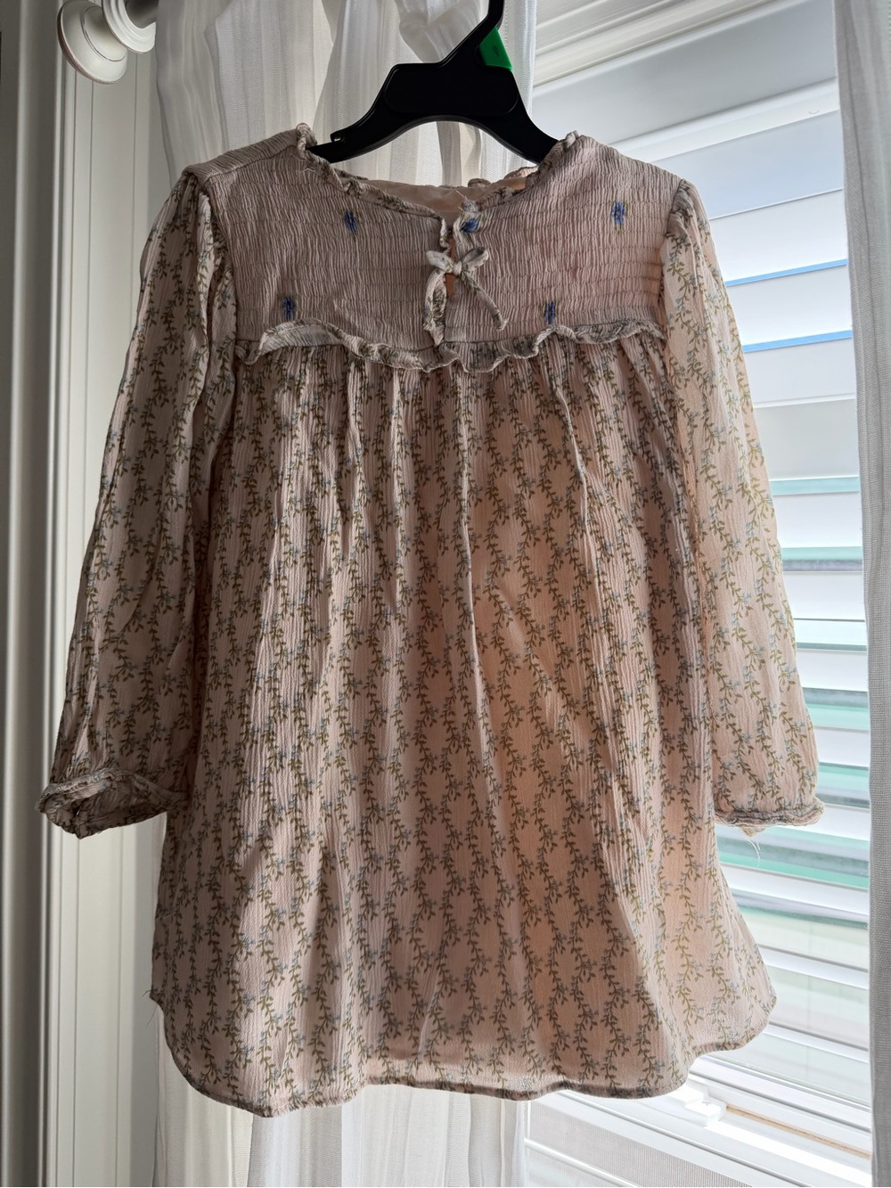 Zara Cream Floral Smocked Long-Sleeve Blouse